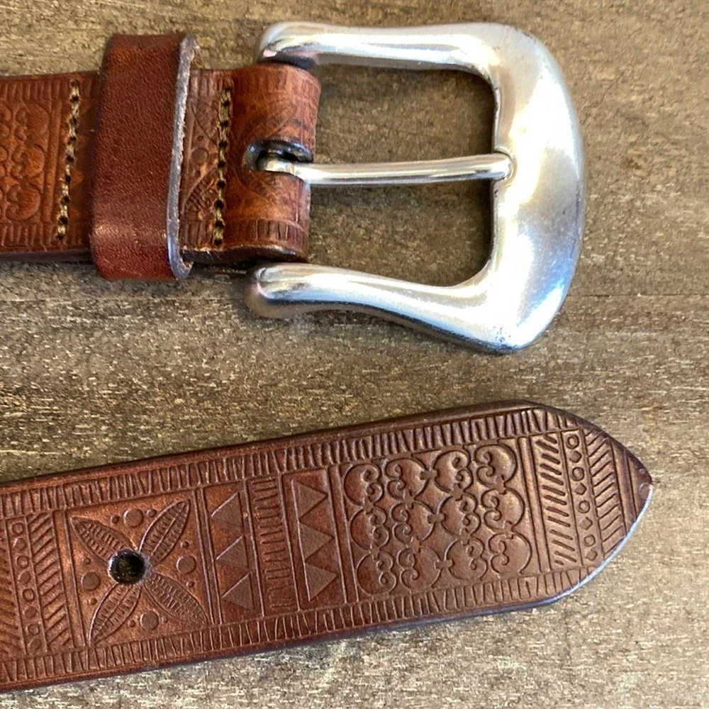 Fossil Kids Brown Leather Mosaic Embossed‎ Belt Silver Tone Buckle Size Small